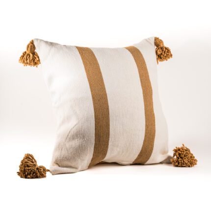 Housse de coussin à pompons - Blanc & Beige