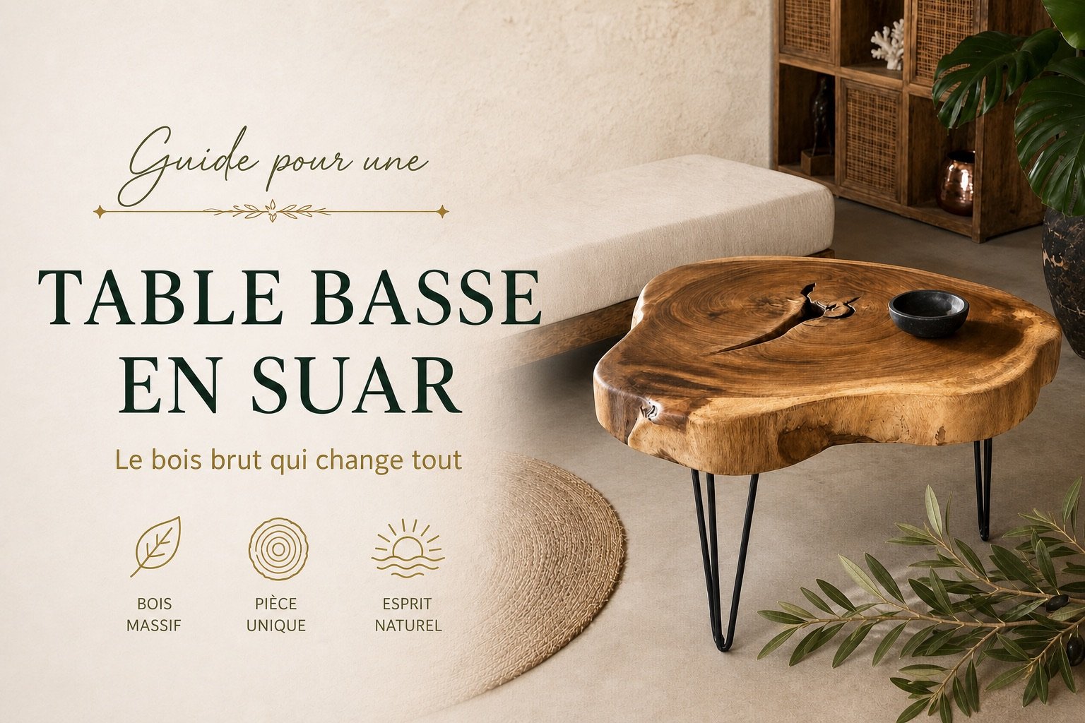 Guide table basse en Suar massif et décoration naturelle